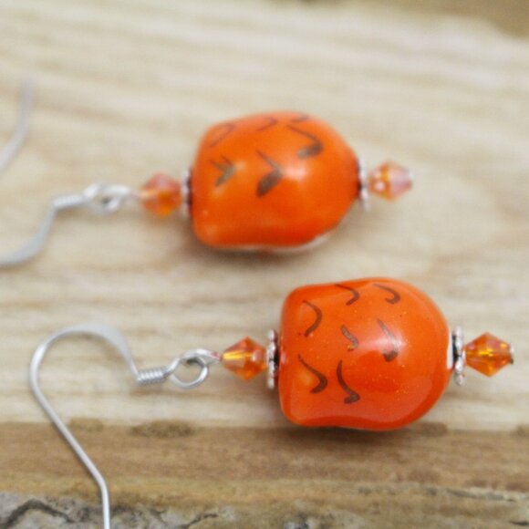 Orange Hand Painted Beaded Owl Earrings - Handmade & Hypoallergenic - Picture 3 of 7